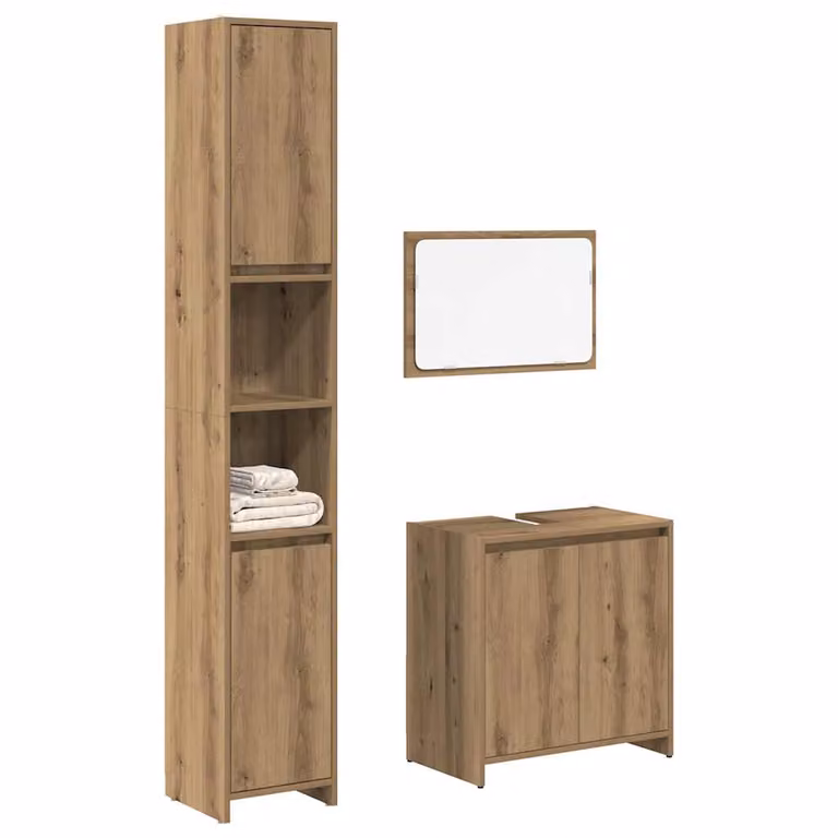 Set di mobili da bagno moderno vidaXL in legno e vetro marrone composto da 3 pezzi con mobile lavabo, armadietto laterale e specchiera
