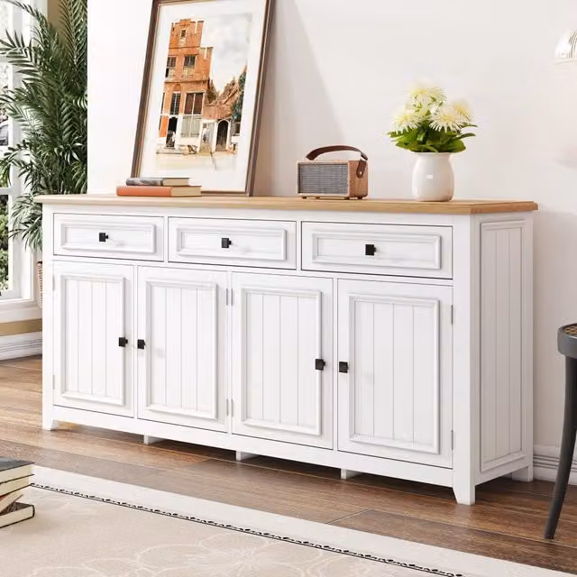 Credenza 160x35x76 cm con 3 cassetti e 4 ante in MDF bianco