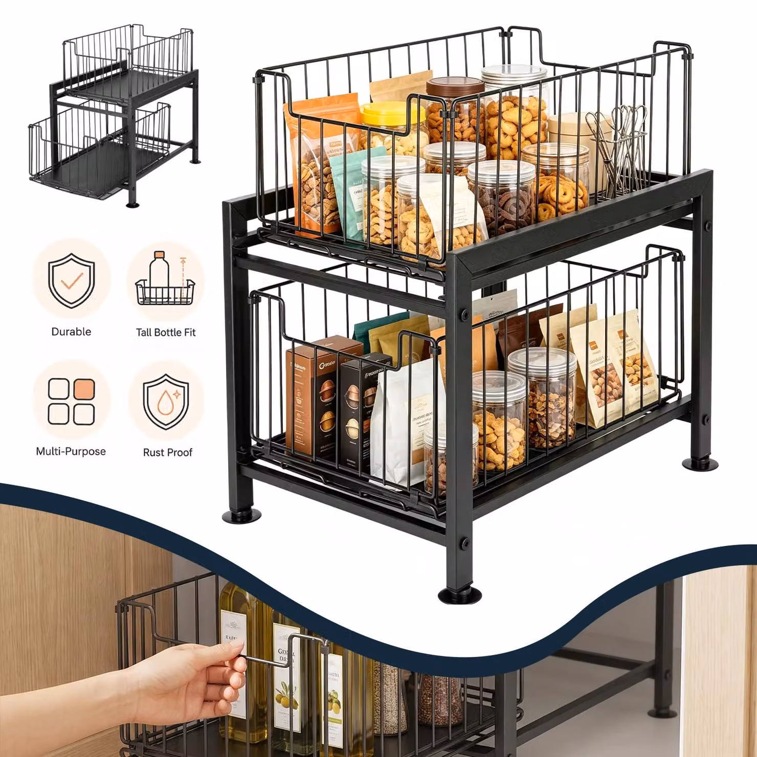 Ripiano estraibile per l'organizzazione della cucina - Organizer per la cucina - Due livelli - Acciaio al carbonio - Guide scorrevoli fluide - Barre di supporto - Versatile e multifunzionale