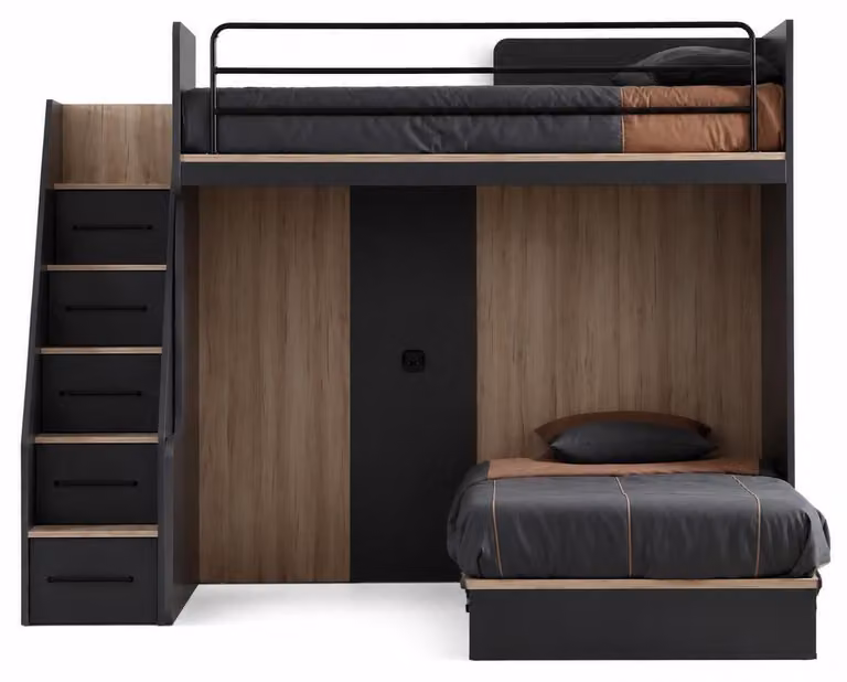 Letto a castello, letto a soppalco, legno, marrone, scala, spazio contenitivo, letto per adolescenti