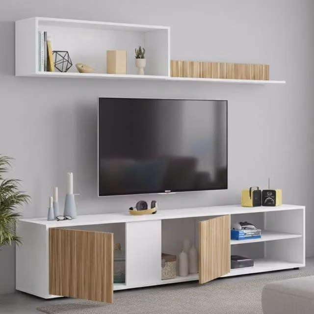 Parete Attrezzata DMORA per Soggiorno e Sala da Pranza, Design Moderno, Bianco e Rovere, L: 180 cm, P: 33 cm, H: 40 cm