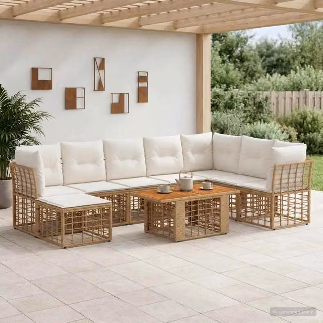 Set Divano da Giardino 9 pz Naturale e Bianco Crema polyrattan 3437896