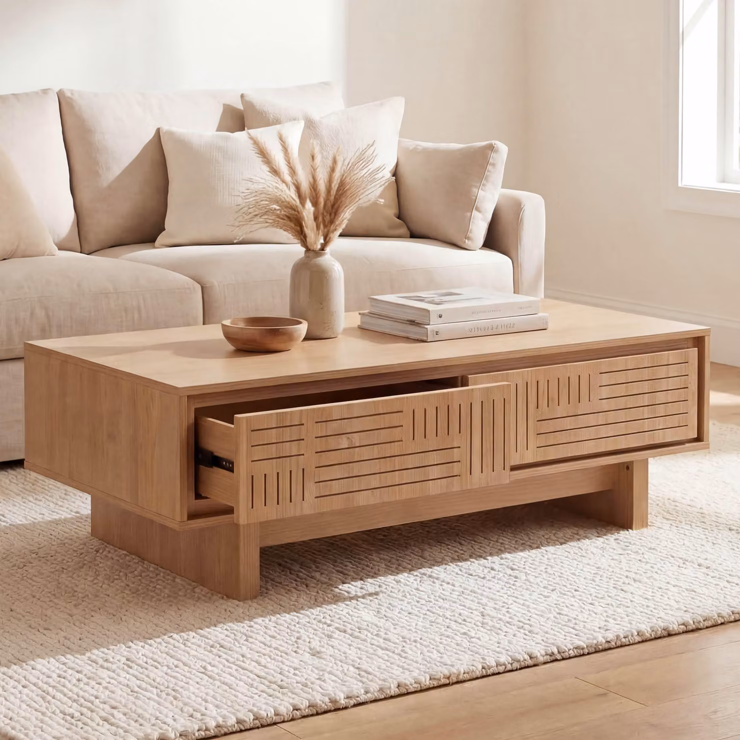Tavolino HWC-O33, tavolino da salotto tavolino laterale, 2 cassetti 2 scomparti, melamina 40x120x60cm ~ olmo natura