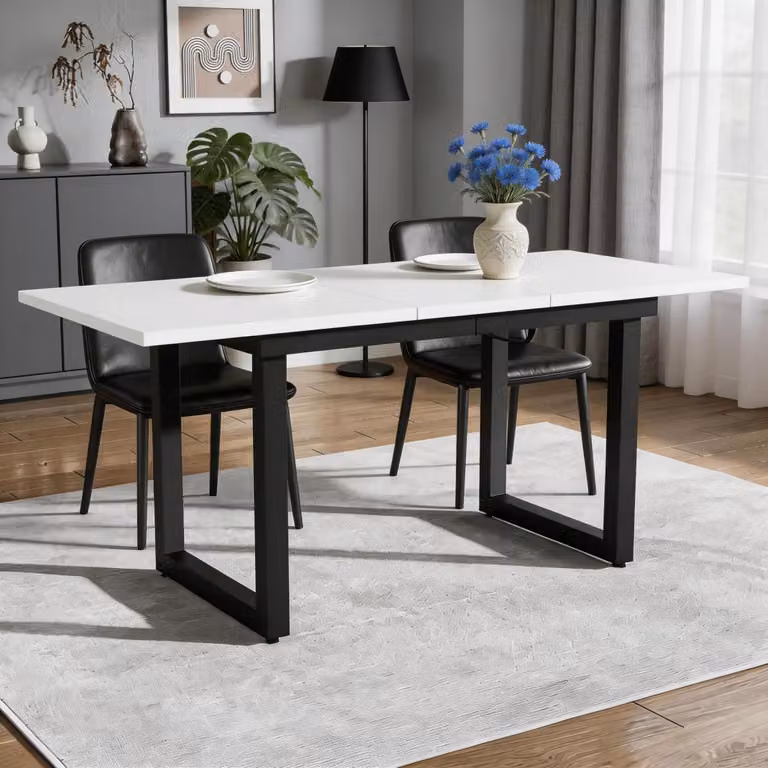 Tavolo da pranzo allungabile, dimensioni 140/180x80x75 cm, struttura in metallo, piano in MDF con finitura effetto legno di quercia, colore nero, forma rettangolare