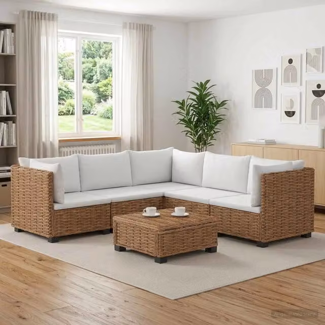Set Lounge da Giardino a Forma di L vidaXL in Polyrattan con Cuscini Beige e Bianco – 1