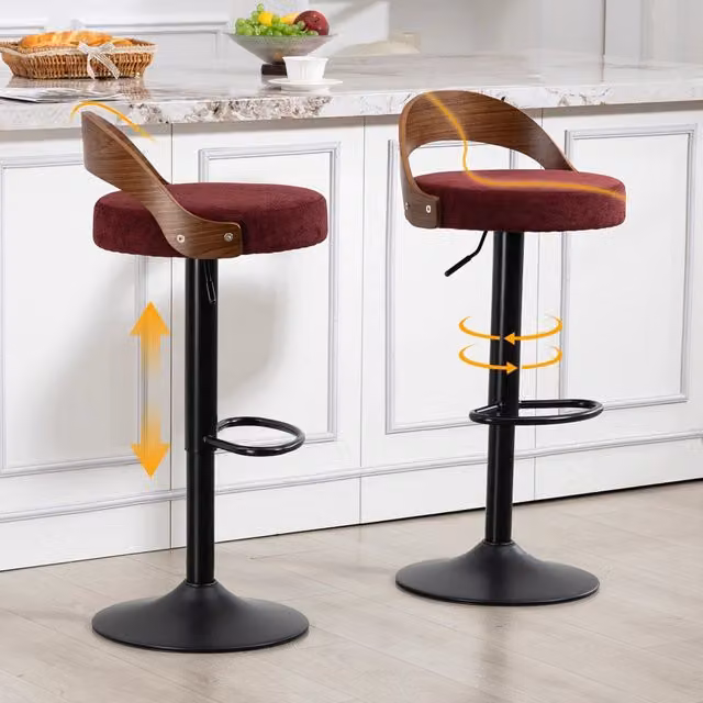 Set di 2 sgabelli da bar OKWISH girevoli a 360°, rivestimento in lino rosso con schienale e base in metallo noce, altezza regolabile