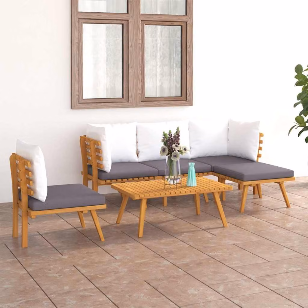 Set di divani da giardino vidaXL in legno di acacia con cuscini, composizione a L con angolo, pouf e tavolino da esterno, 6 pezzi
