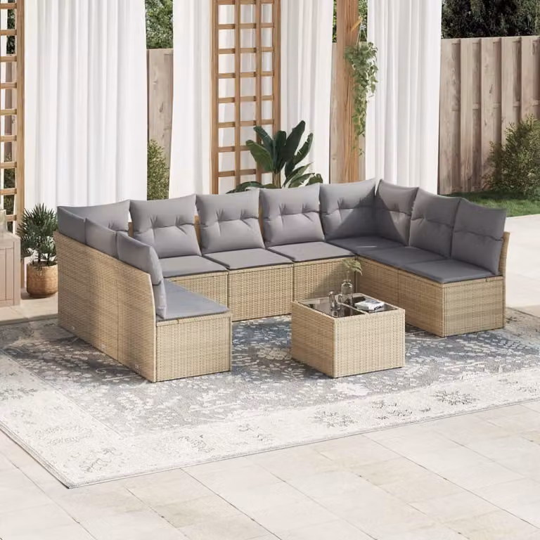 vidaXL Set Divano da Giardino 10 pz a Forma a L con Cuscini Beige e Tavolino in Polyrattan e Metallo