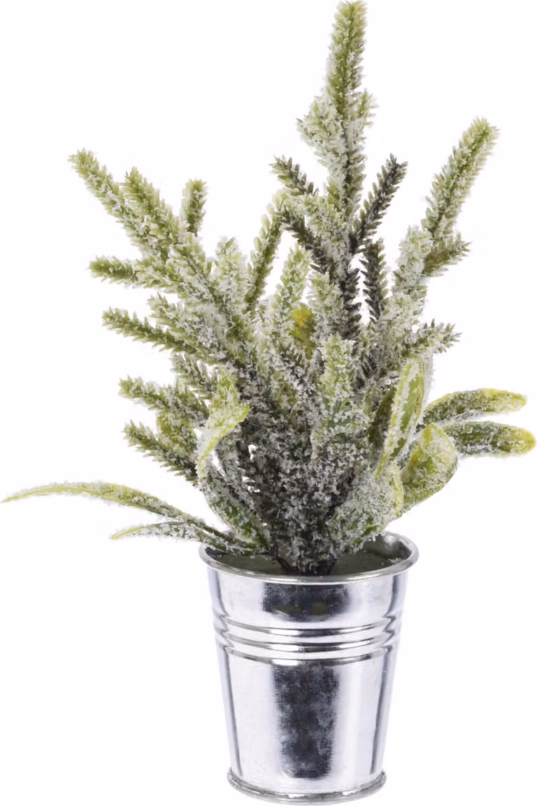 Albero di Natale artificiale con rami di abete e pino, con neve; decorazioni natalizie per l'albero di Natale; tronco; pianta in vaso