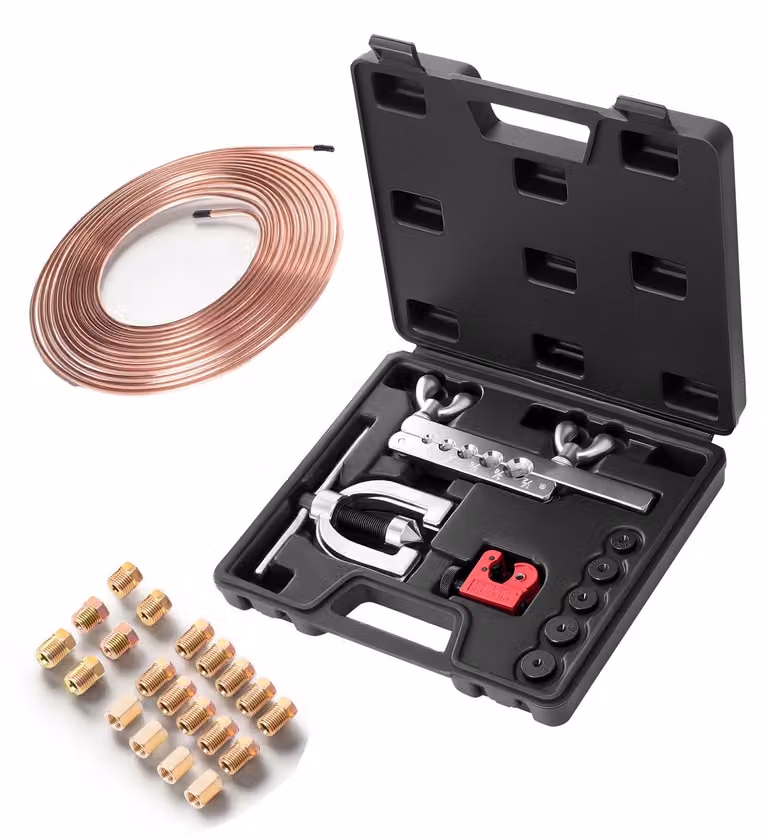 Set di utensili per bordatura tubi freno SucceBuy da 9 pezzi, bordatrice a 45° con tubo freno da 7,6 m x 4,76 mm per bordatura singola e doppia, set per la lavorazione dei tubi con 16 raccordi e 4 connettori, set di riparazione per auto e camion