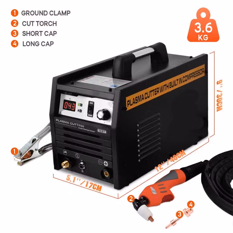 Tagliasaldatura al plasma – Macchina per il taglio di metalli – Compressore d'aria integrato – Spessore di taglio: 12 mm – con accessori