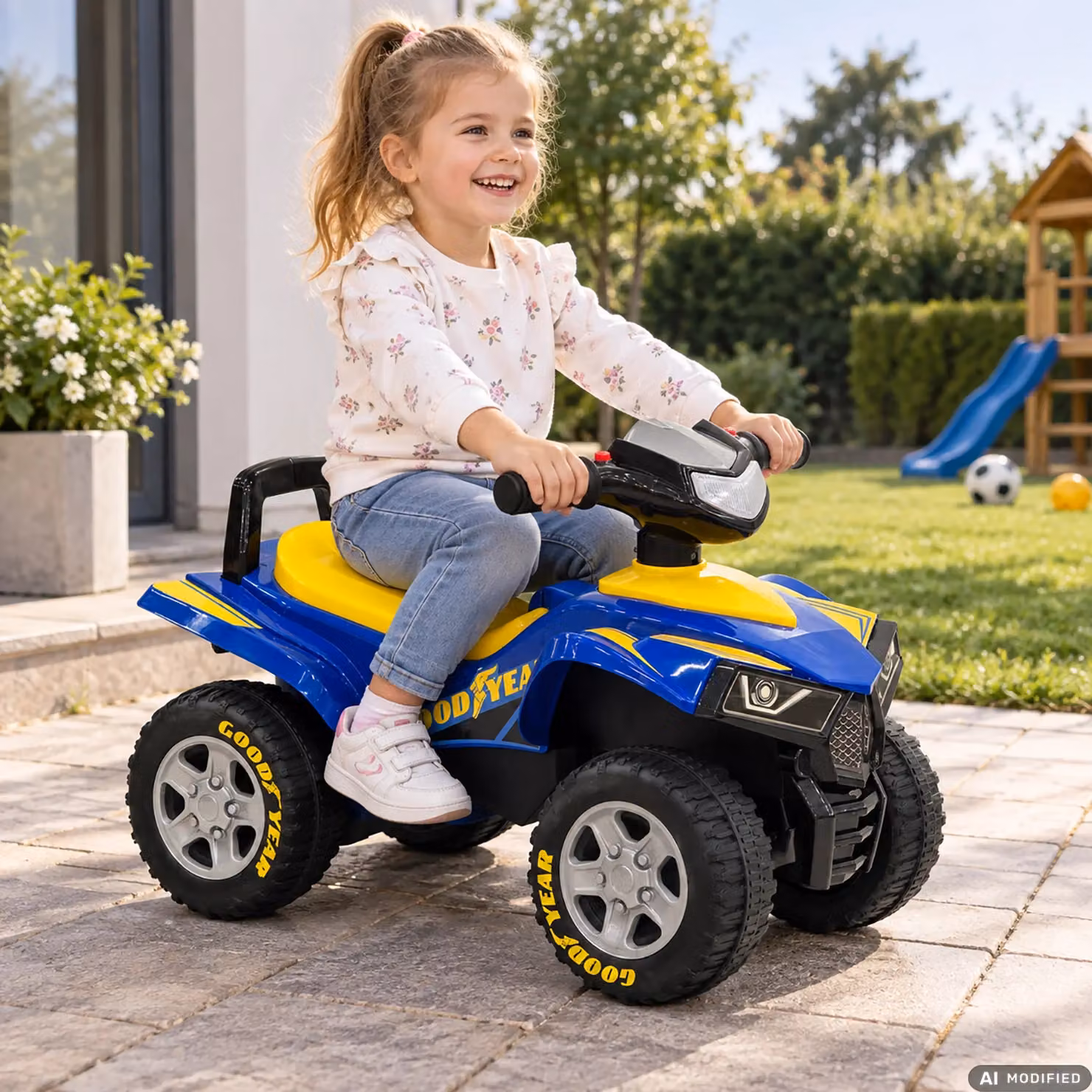 Quad Elettrico Cavalcabile Goodyear Tu Giochi con Luci e Suoni, Blu, Giallo e Nero – 2
