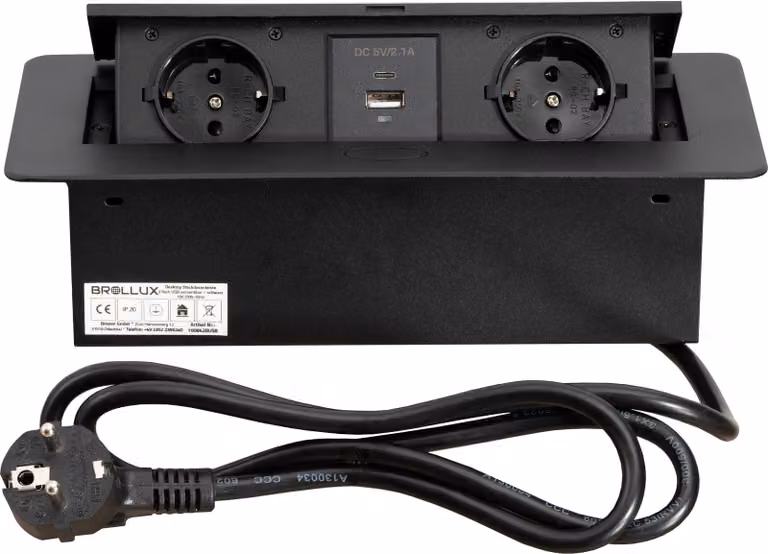 BROLLUX Presa da incasso a scomparsa doppia con USB/USBC Nero con apertura soft Alluminio pressofuso Cavo di collegamento da 1,5 m Presa