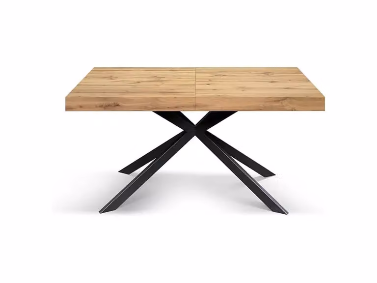Tavolo CAMAIORE in legno, finitura rovere rustico e base a X in metallo antracite, allungabile 140×90 cm – 220×90 cm