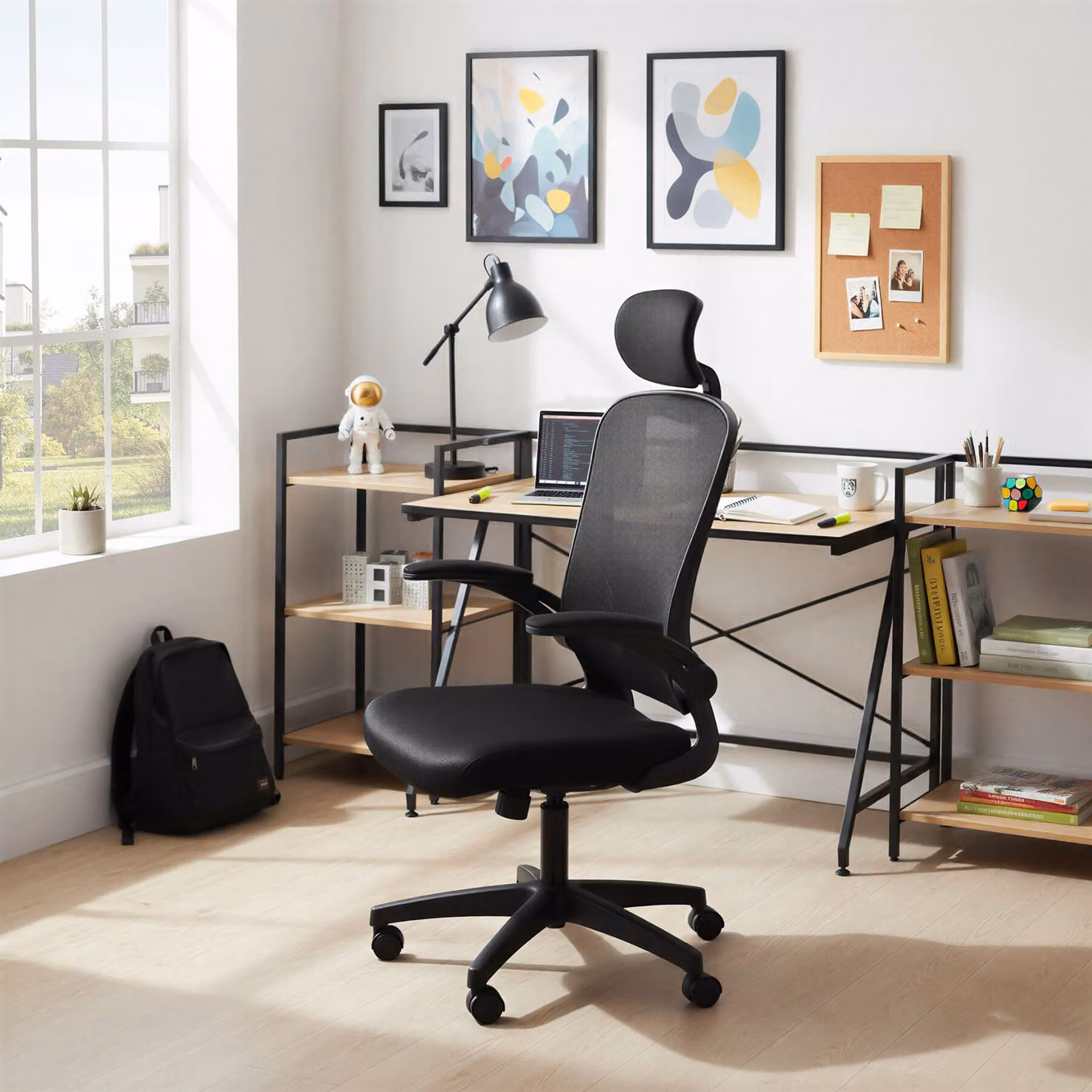 Sedia da ufficio ergonomica Tectake Arges con poggiatesta regolabile e seduta in tessuto nera – 3