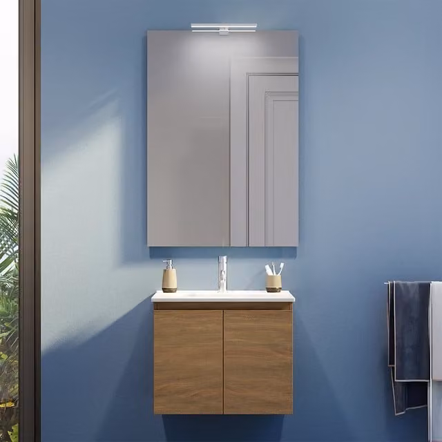 Mobile bagno sospeso Yili con lavabo e specchio LED in rovere scuro e bianco, larghezza: 80 cm