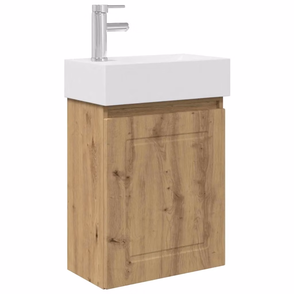 Mobile bagno moderno vidaXL in legno rovere con lavabo in ceramica bianco e dettagli argento, sospeso – 2