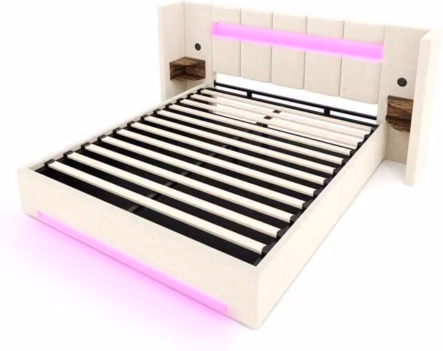 Letto matrimoniale multifunzionale Aosom Italy in velluto beige con base a sollevamento, illuminazione sottostante, porta USB e mensola integrata, 160x200 cm
