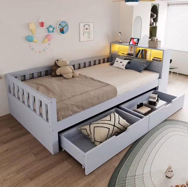 Letto singolo multifunzione 90x200 cm grigio con LED, prese e cassetti