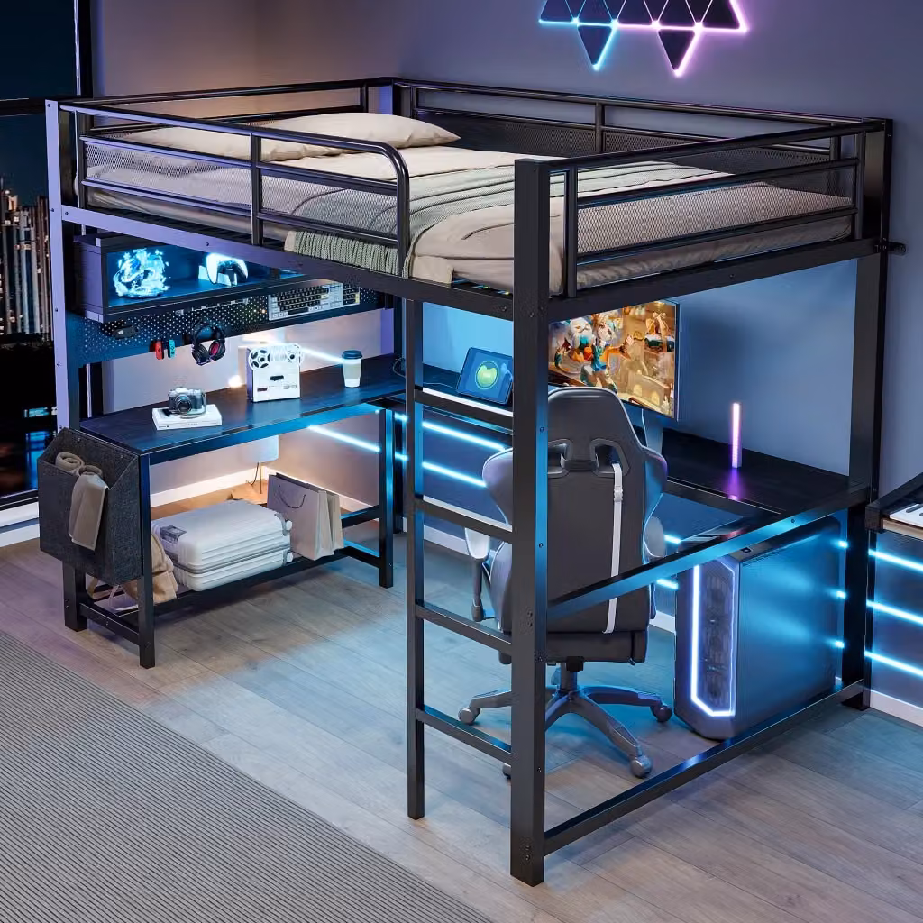 Letto a soppalco REDOM nero con scrivania, illuminazione LED e prese USB, L/P/H: 204.5 x 140 x 176.3 cm – 2