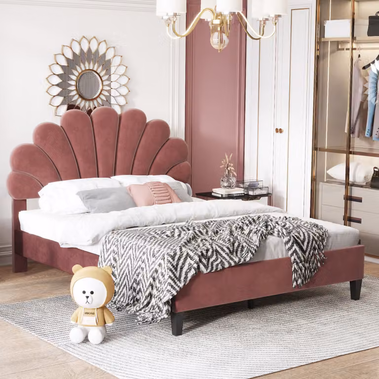 Letto imbottito Merax 140x200cm con testata a forma di fiore e rete a doghe, testata regolabile in altezza, velluto letto matrimoniale letto funzionale letto per bambini letto per ragazzi, rosso