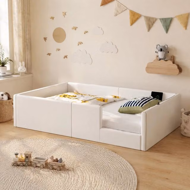 Letto imbottito moderno in ecopelle bianca con porte di ricarica USB/Type-C L/P/H: 212 x 90 x 98 cm