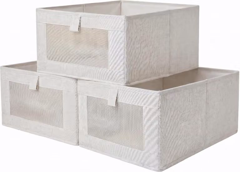 Set di 3 scatole per la conservazione, con finestra trasparente, in tessuto, ideali per abbigliamento e biancheria da letto