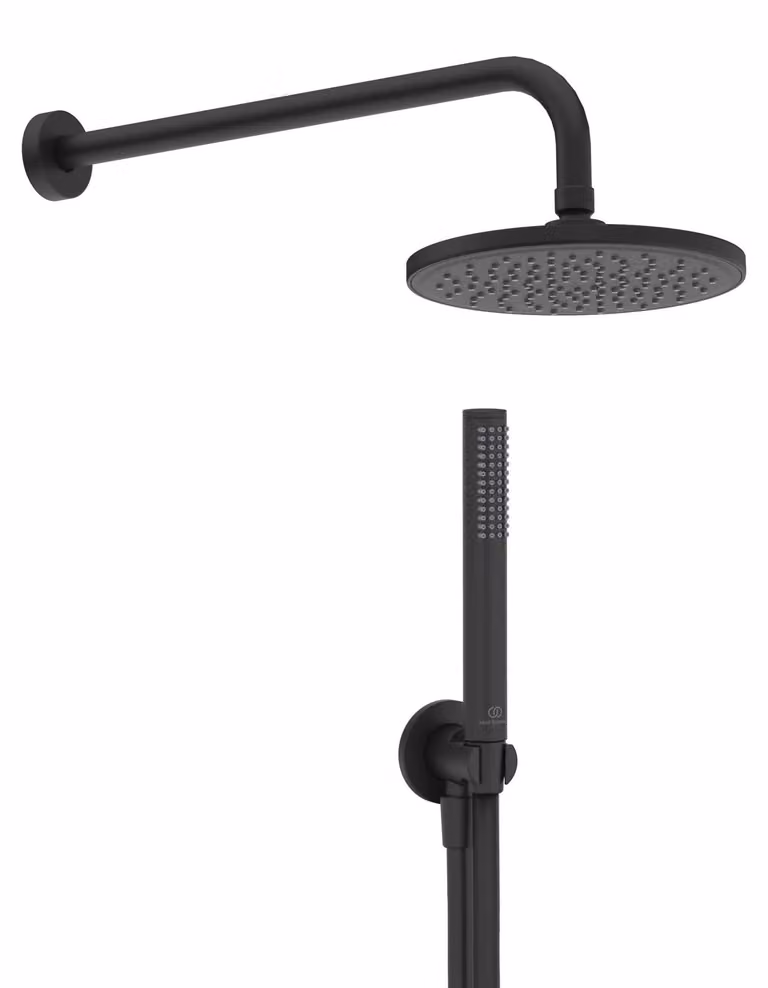 Set doccia, rotondo, nero opaco, composto da 5 elementi, soffione da 20 cm, braccio doccia da 40 cm