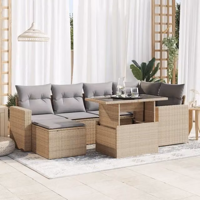 Set Divani da Giardino 7 pz con Cuscini Beige in Polyrattan 3326350