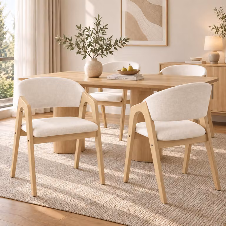 Set di 4 sedie da pranzo Flieks, poltrone con schienali sagomati, sedie per la cucina o il soggiorno, rivestite in lino, colore legno naturale
