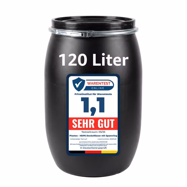 plasteo, fusto a collo largo da 120 litri, nero, con coperchio, anello di serraggio e guarnizione, omologazione UN, fusto in HDPE, fusto con coperchio, fusto di stoccaggio, cisterna per l'acqua piovana