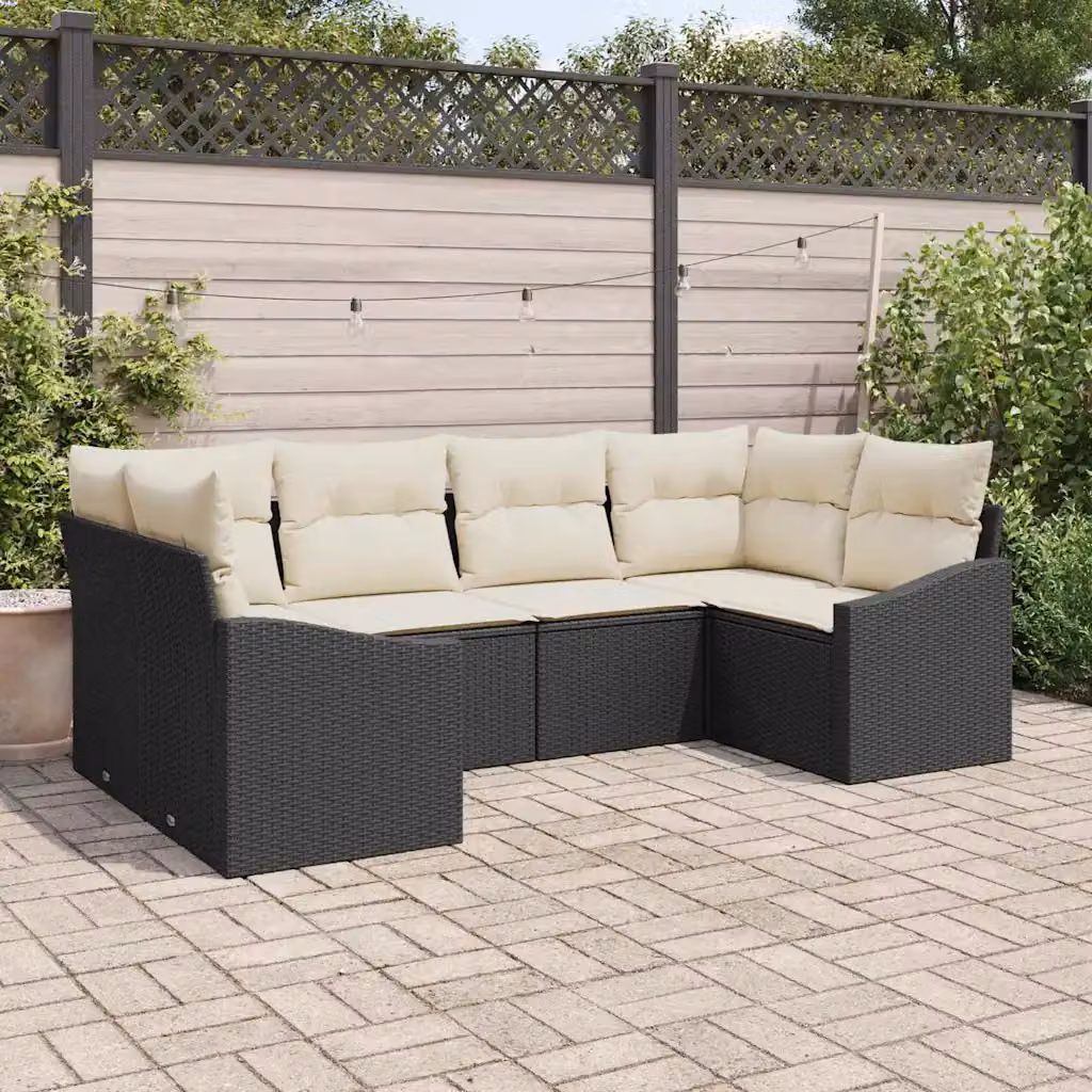 Set di divani da giardino vidaXL a forma di L composto da 6 pezzi con cuscini beige e struttura in rattan nero e metallo – 1