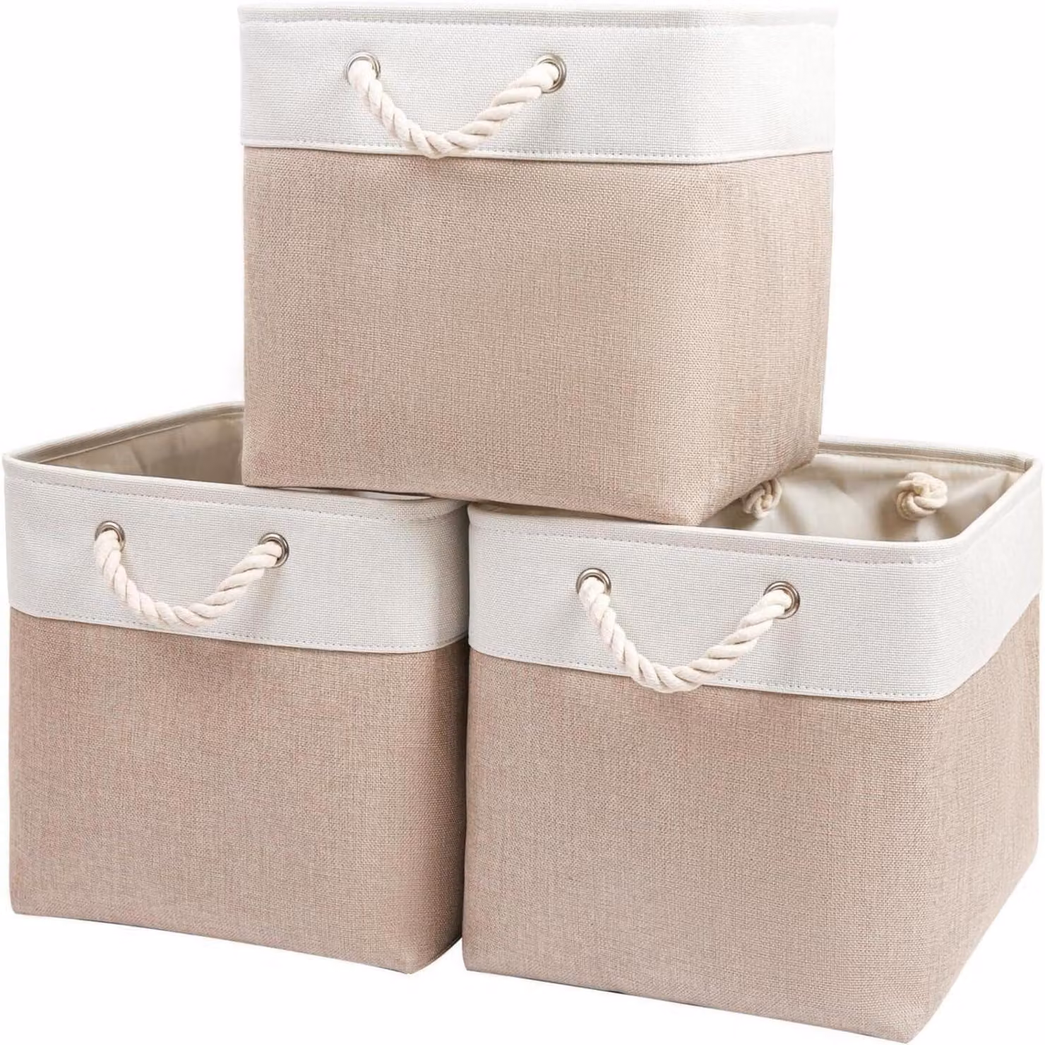 Contenitore in tessuto, 33x38x33 cm, color kaki/bianco, confezione da 3
