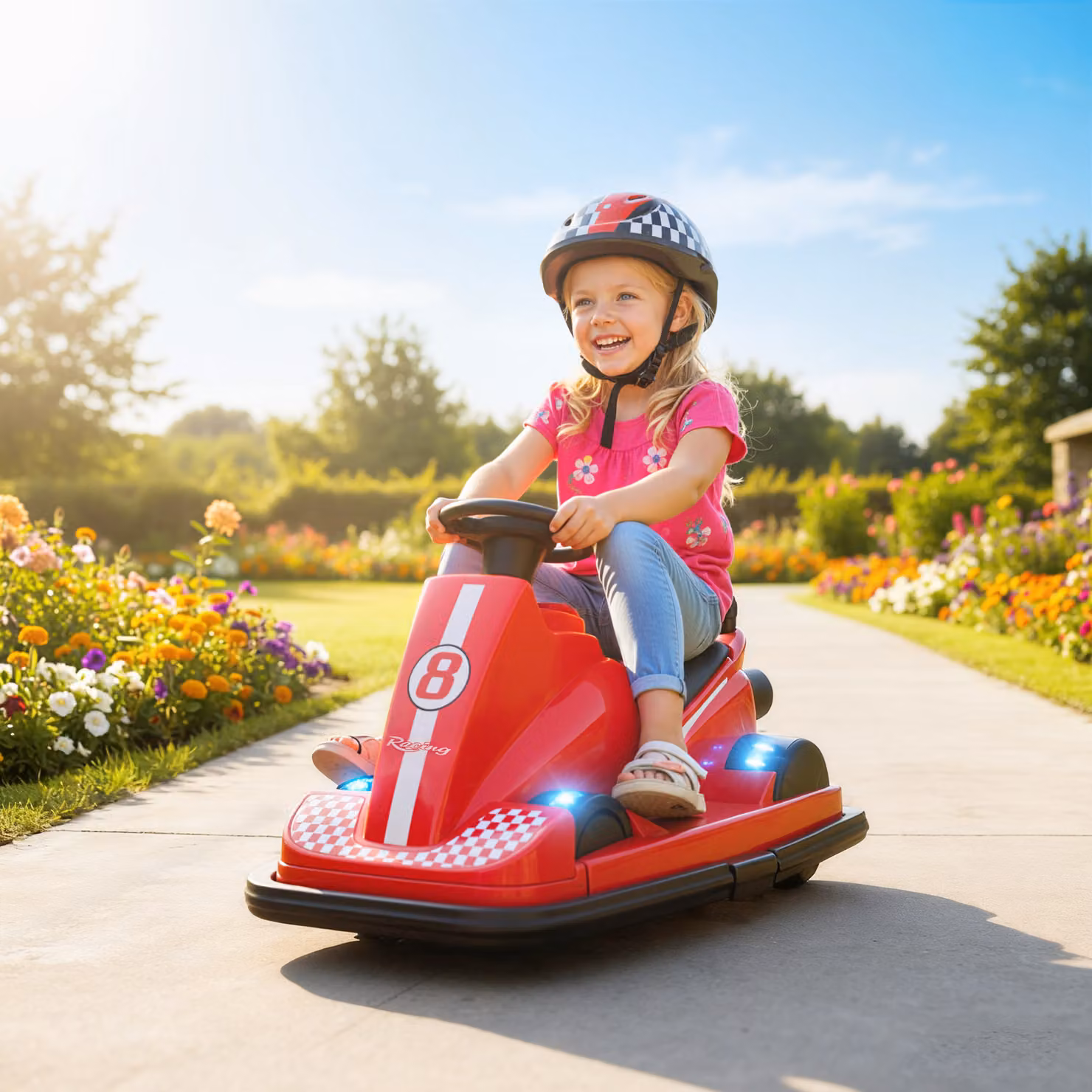 AIYAPLAY Auto Autoscontro per bambini con volante, luci LED e funzione musicale, Rosso – 2