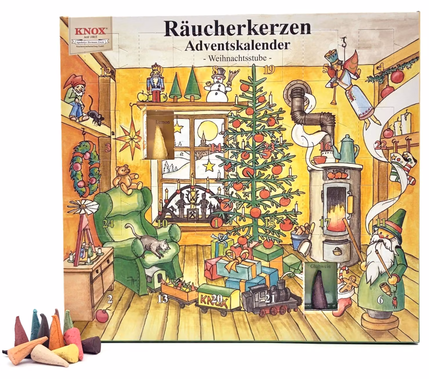 Calendario dell'Avvento con 24 coni profumati, fragranze natalizie, dimensioni 1,5x26x24 cm