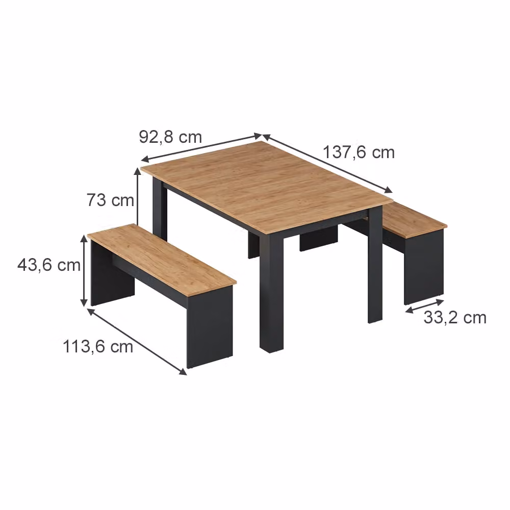 Set di tavolo da pranzo Sentio Vicco con 2 panche, colore Antracite e Rovere dorato, L: 137.6 cm, P: 92.8 cm, H: 73.0 cm – 2