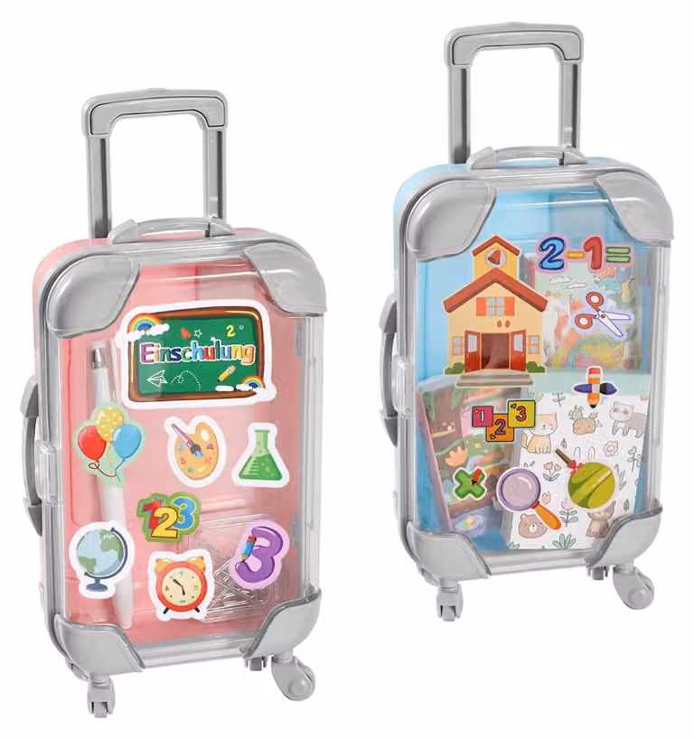 2 scatole regalo "mini-valigia", 22 cm, con ruote, blu/rosa