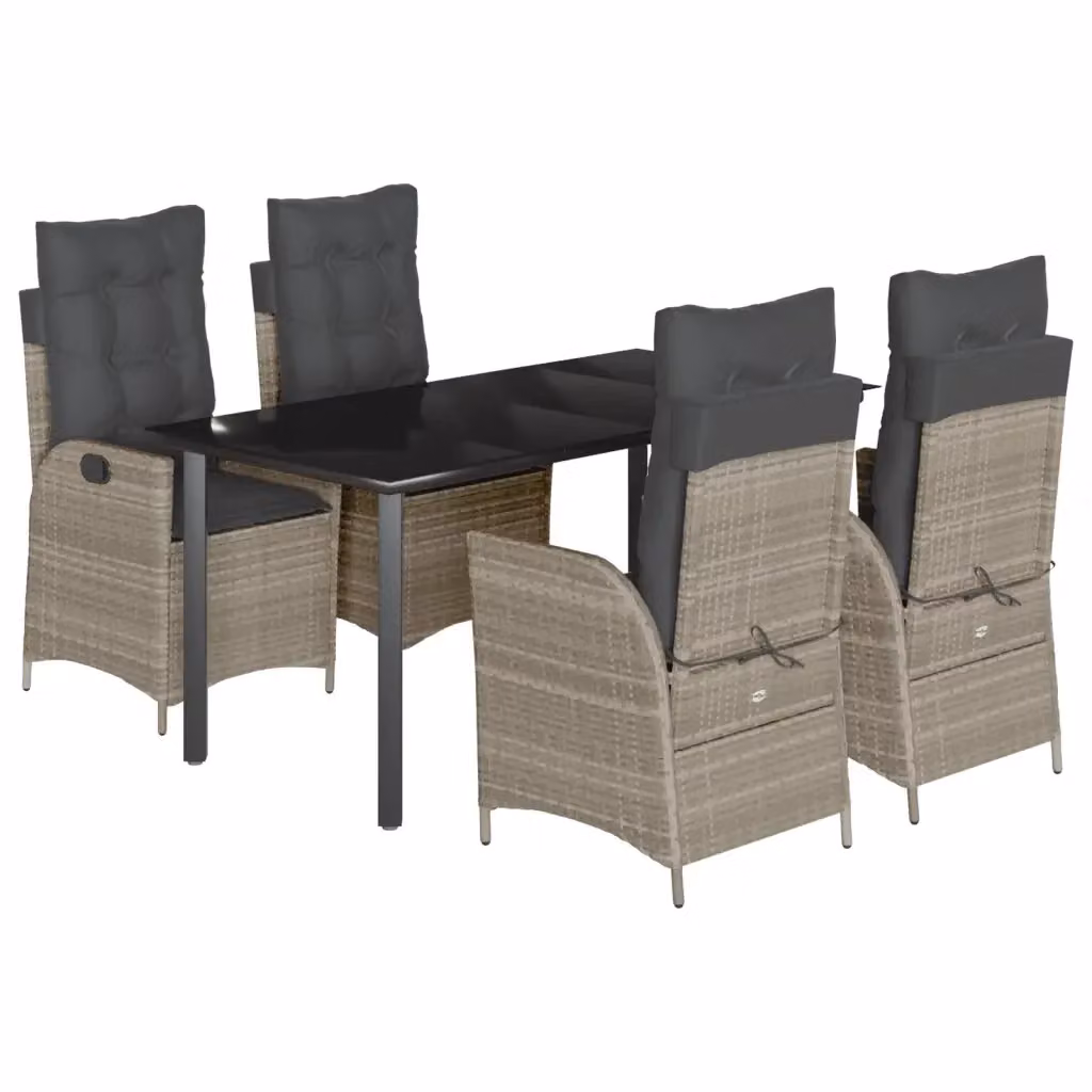 Set Pranzo da Giardino vidaXL in Polyrattan con Tavolo in Vetro e 5 Sedute con Cuscini Grigio Chiaro – 2