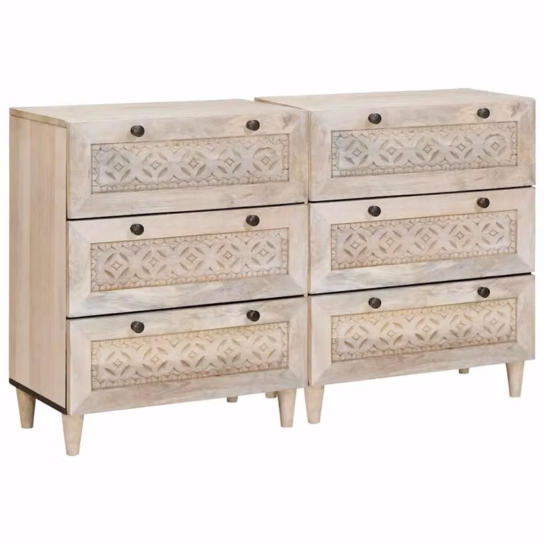 Set di 2 credenze vidaXL in legno massello di mango bianco, stile classico e design geometrico, L 120 x P 33,5 x H 75 cm