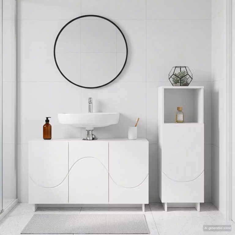 Set di mobili da bagno moderno vidaXL in 2 pezzi, colore bianco opaco, in legno MDF, con vanità e armadietto a libera installazione, L/P/H: 101,0 x 40,79 x 58,0 cm
