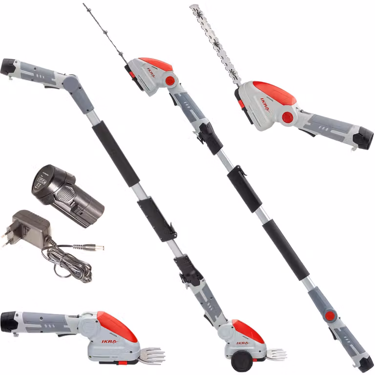 IKRA Cesoie per erba e arbusti a batteria IGBS 1210 F | 12 V | 2 in 1 Cesoie per erba 10 cm e lama per arbusti 20 cm | 8 mm | incl. batteria, caricabatteria e manico telescopico