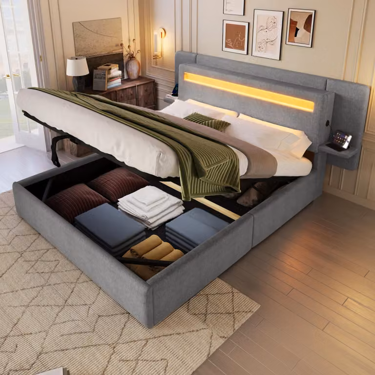 Letto imbottito okwish 140x200 con materasso, comodino integrato e luci LED multicolore, letto per giovani con USB, contenitore sotto il letto, letto singolo grigio