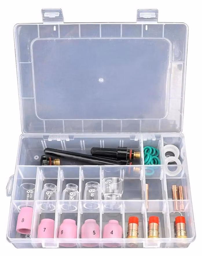 Kit di accessori per saldatura TIG, composto da 31 pezzi. Accessori di alta qualità, compatibili con torce WP-17/18/26. Include una punta per gas n. 12. Resistente e affidabile. Adatto per...