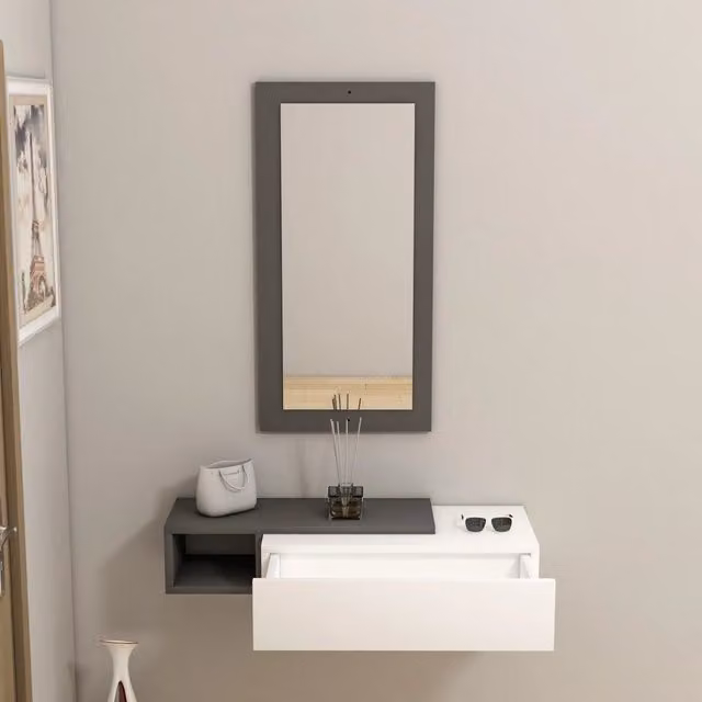 Mobile da ingresso DMORA con specchio, design moderno e sospeso, L: 82 cm, P: 30 cm, H: 16 cm – 1