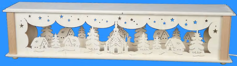 Alzata decorativa con chiesa di Seiffen, villaggio e illuminazione. Dimensioni: 52x10x10 cm. Nuova