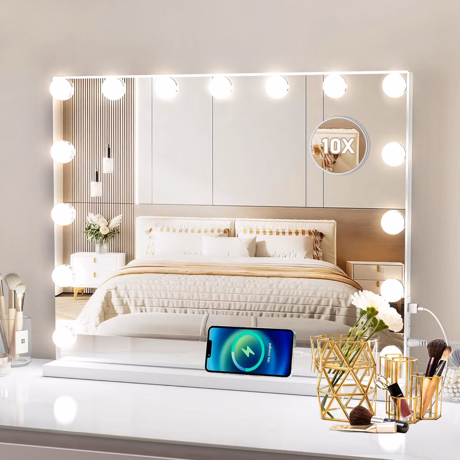 Specchio da trucco, 58x46 cm, bianco, con 3 modalità di illuminazione, dimmerabile, controllo touch e porta USB