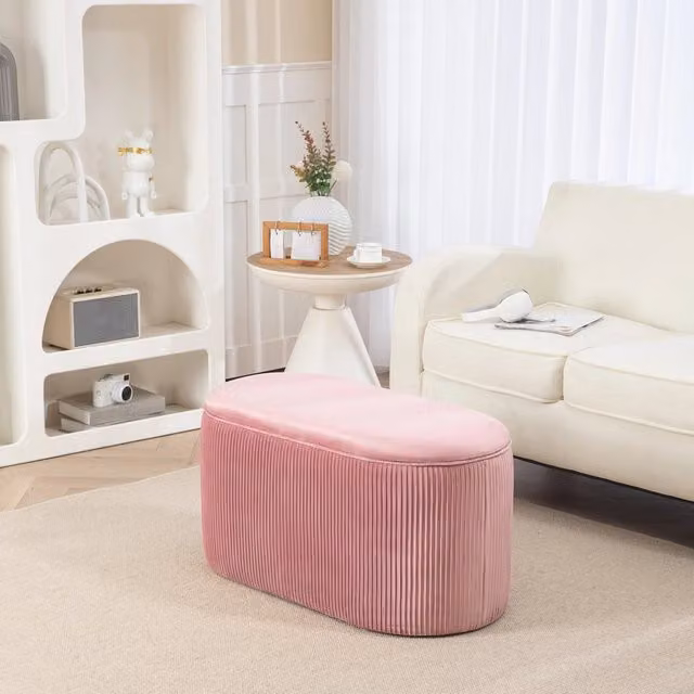 Panca contenitore MODFU in stile rétro imbottita con effetto velluto rosa, L 81 cm x P 40 cm x H 41 cm