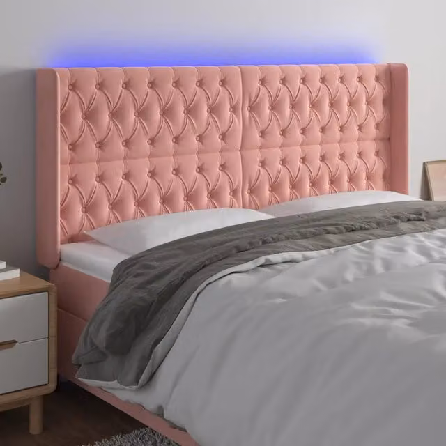Testiera con LED e porta USB vidaXL in velluto rosa, L: 183 cm, P: 16 cm, H: 118/128 cm