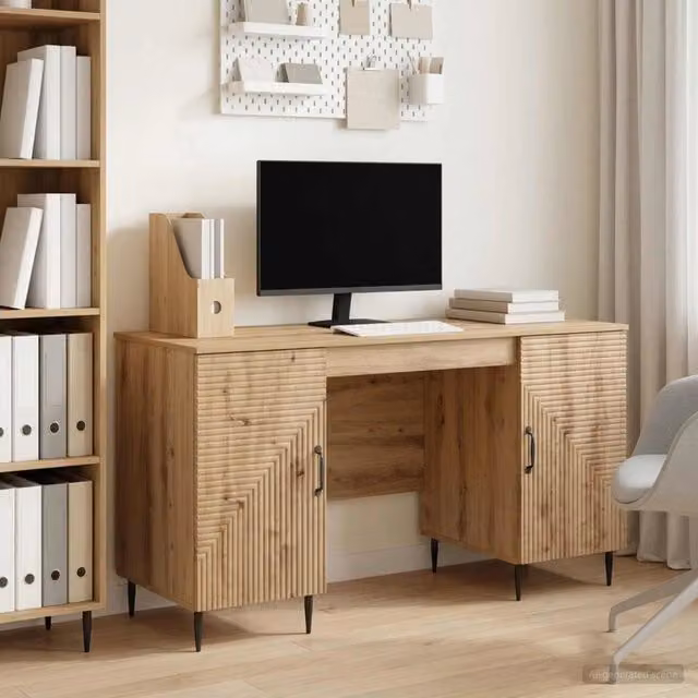 Scrivania moderna vidaXL in legno color rovere marrone L: 142,5 cm, P: 50 cm, H: 75 cm – 1