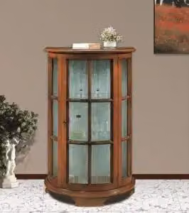 Vetrina bassa semicerchio KIVIO in legno di larice con ante in vetro e griglia in stile rustico, colore noce scuro, L: 112 cm, H: 74 cm, P: 42 cm
